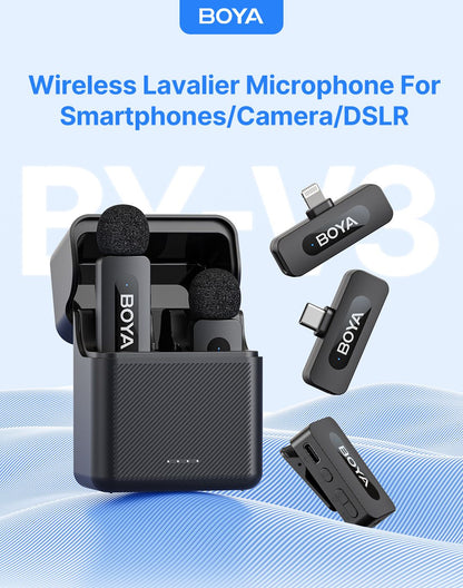 BOYA BY-V3 Microfone de Lapela Sem Fio com Cancelamento de Ruído Recarregável para iPhone Android Câmera Transmissão ao Vivo Vlogging
