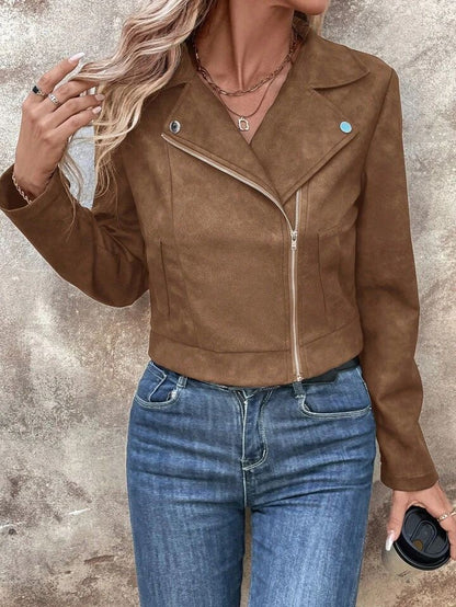 New Autumn Rose Red Women's Short Jacket, Zipper Closure, Lapel Collar, Fashionable Casual Coat.