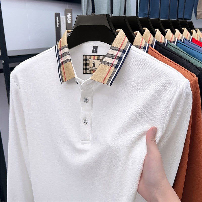 Luxury brand long sleeve polo shirt men comfortable casual autumn item silk cotton high-end Korean fashion plaid lapel T-shirt
