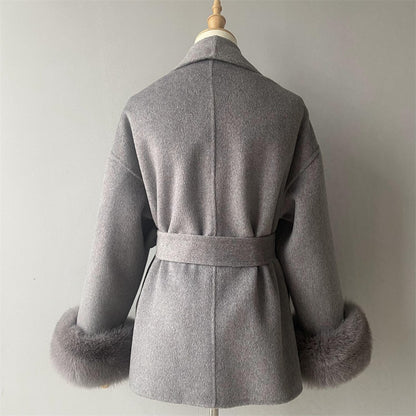 Jxwatcher Women's Wool Coat with Real Fox Fur Cuffs Ladies Elegance Belt Slim Outerwear Fall Winter High-End Wool Coats 2024 New