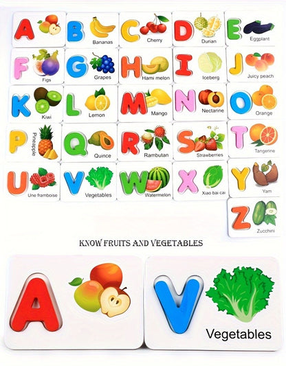 Montessori, Wooden Alphabet Cards, Children's Early Education Fruit Cognitive Cards, Kindergarten Enlightenment Puzzle Block Toy