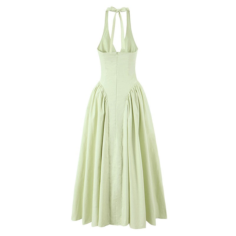 YENKYE Sexy Backless Green Elegant Halter Dress For Women Low Waist A-line Midi