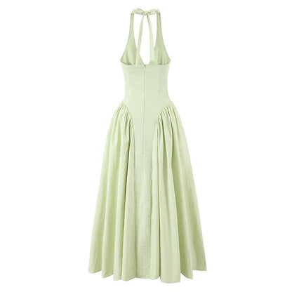 YENKYE Sexy Backless Green Elegant Halter Dress For Women Low Waist A-line Midi