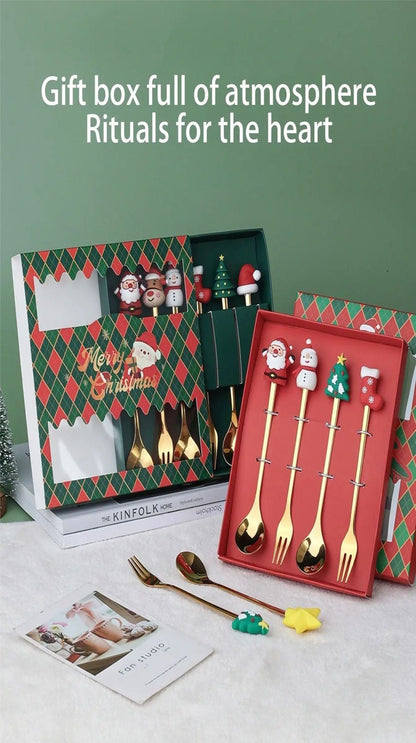 Conjunto de Talheres com Tema Natalino Aço Inoxidável Faca Garfo Colher com Desenho Animado Criativo Conjunto de 2/4/6 Peças Presente de Fim de Ano Decoração de Talheres