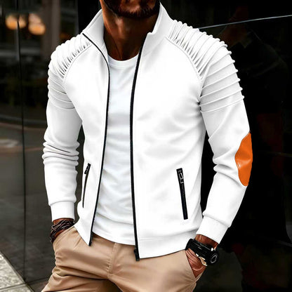 Men's jacket with zipper front, pleated sleeves, relaxed stand-up collar, long sleeves, suitable for autumn and winter tops