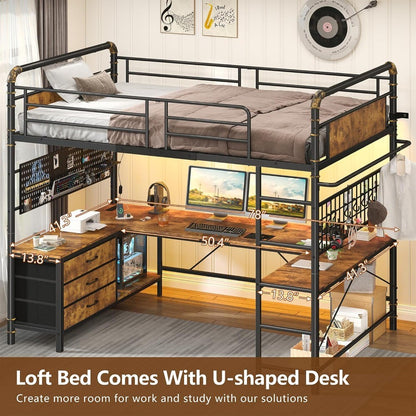 Loft Bed with U-Shaped Desk, Metal Loft Bed with LED Lights, Charging Station, Industrial Heavy Duty Bunk Loft Bed Frame