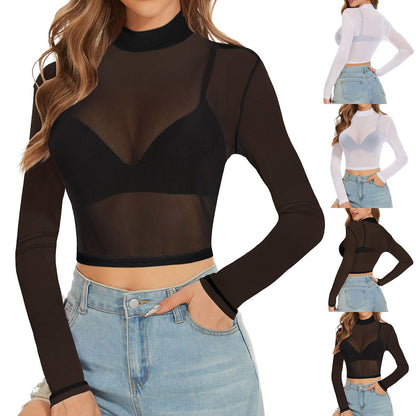 Sexy Women Crop Top See Through Mesh Tops Long Sleeve Sheer Slim Fit T Shirts Ladies Stretchy Transparent Bottomed Blouses