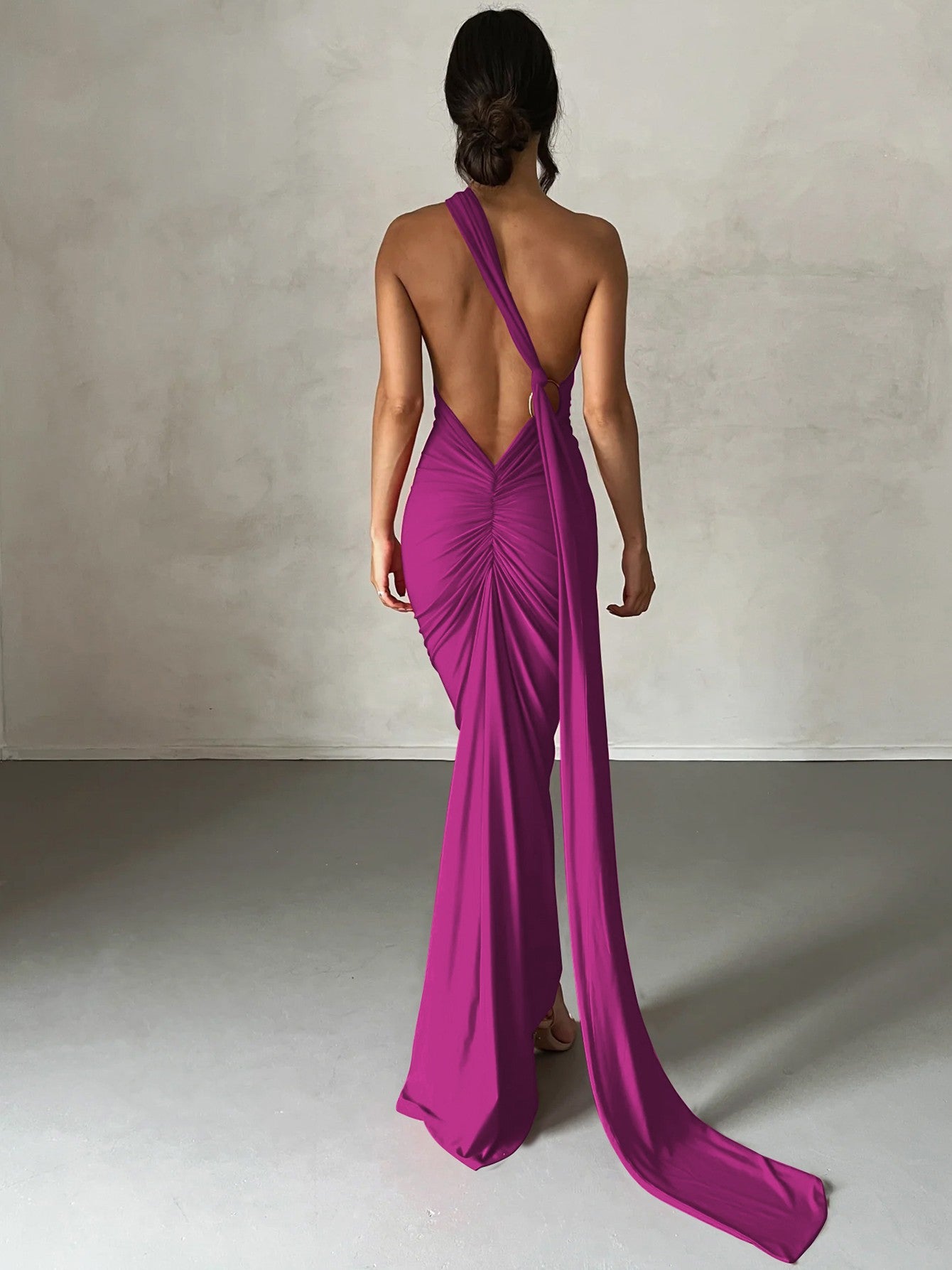 Hugcitar One Shoulder Backless Adjustable Scarf Loop Ruched Sexy Maxi Dress Wome