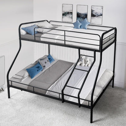 Twin Over Full Metal Bunk Bed with Safety Guardrails, 800 lbs Capacity, Angled Ladder, Underbed Storage, Black, Moder