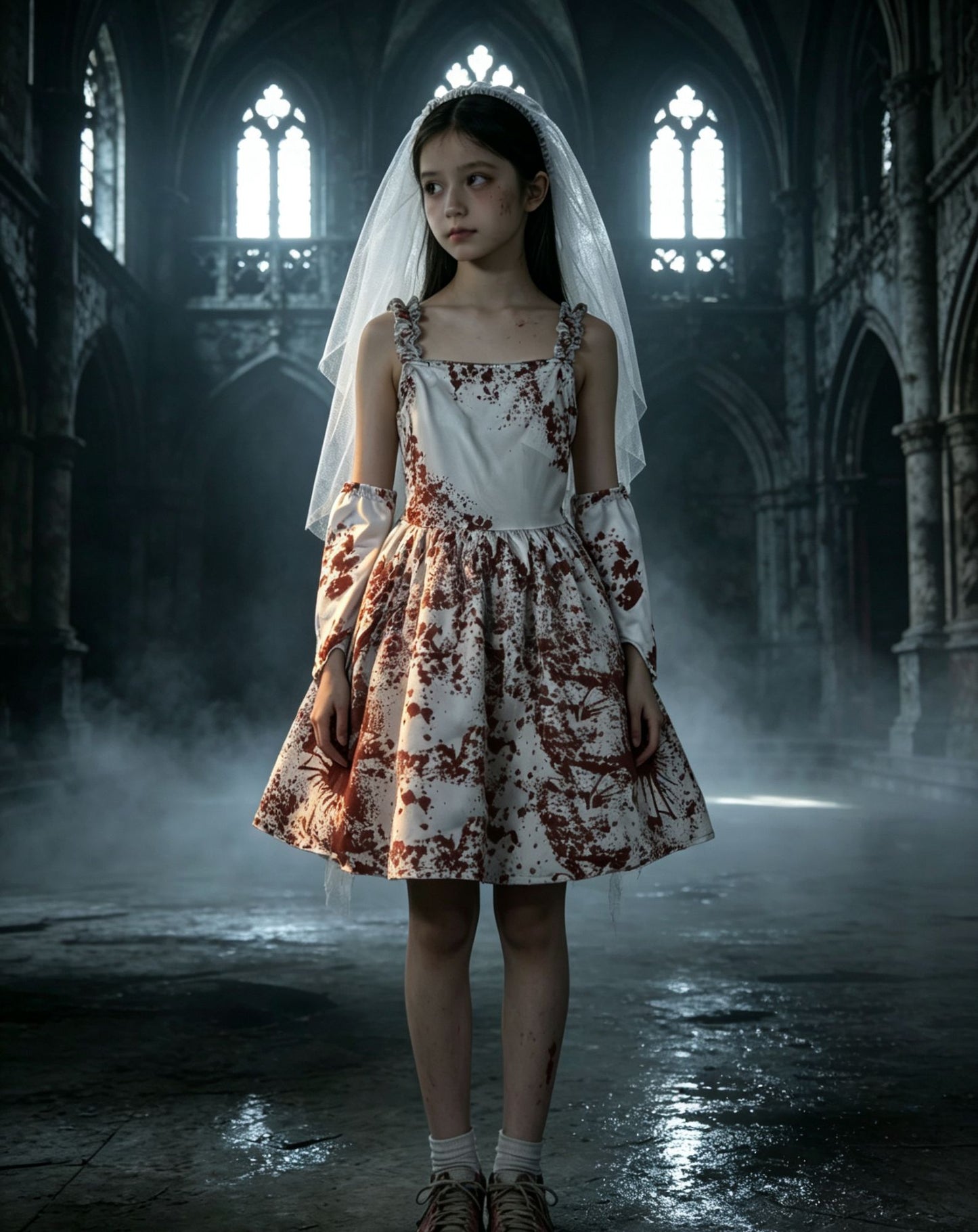 Kids Bloody Ghost Bride Costume, Girls Halloween Dress with Veil and Arm Sleeves