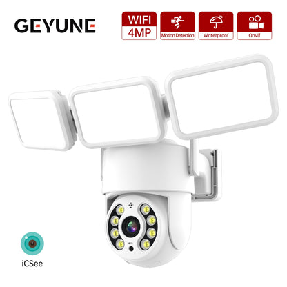 4MP Floodlight Camera Wifi PTZ Outdoor AI Humanoid Tracking Night Vision Cameras CCTV Smart Home Security Protection  Icsee App