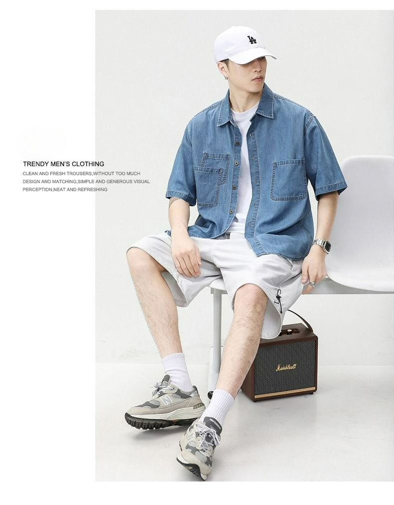 2025 Summer New Men's Casual Loose Shirt Polo Neck Short Sleeve Single Breasted Shirts Men's Vintage Solid Cargo Jeans  Tops