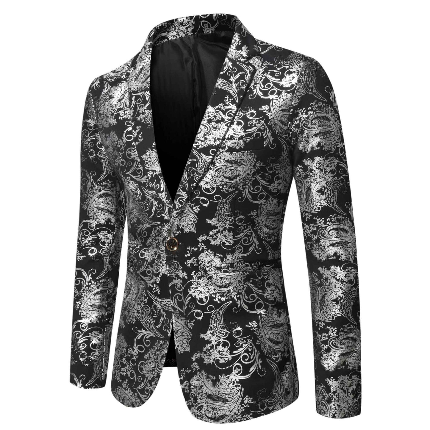 Men's Slim Fit Print Blazer Jacket 2025 Fashion Handsome Business Casual Silver Stage Show Suit Small Menswear