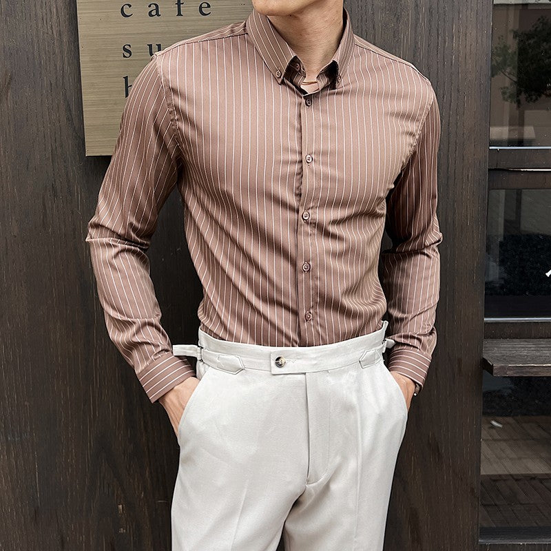Striped Shirts for Men High-quality 2025 Autumn New Solid Business Casual Long Sleeved Elastic Slim Fit Dress Shirt Men Clothing