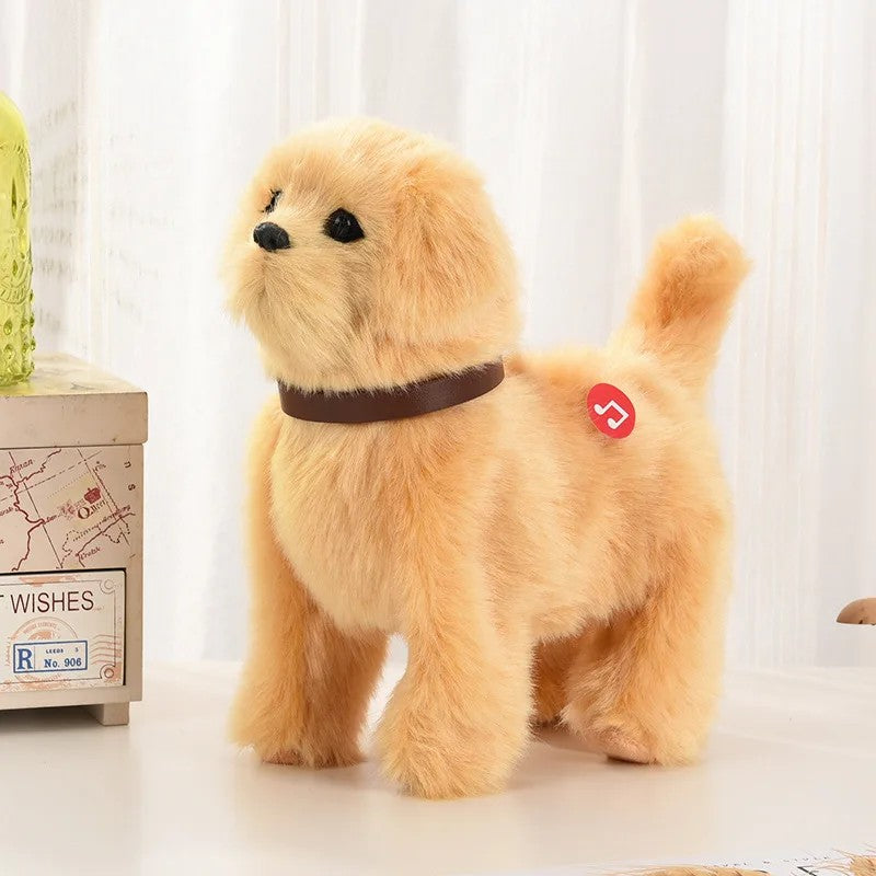 Novo brinquedo de simulação de cachorro elétrico com controle de voz, que anda, acena a cabeça, toca música e é um robô de pelúcia para crianças.