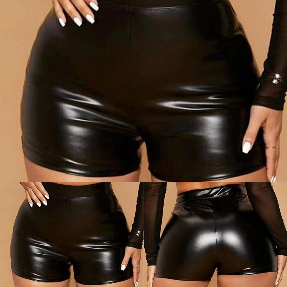 Sexy Women Oily Shiny Faux Leather Shorts Tight Black Pants Seductive Nightclub Party Wear High Waist Mini Shorts Costumes 2025