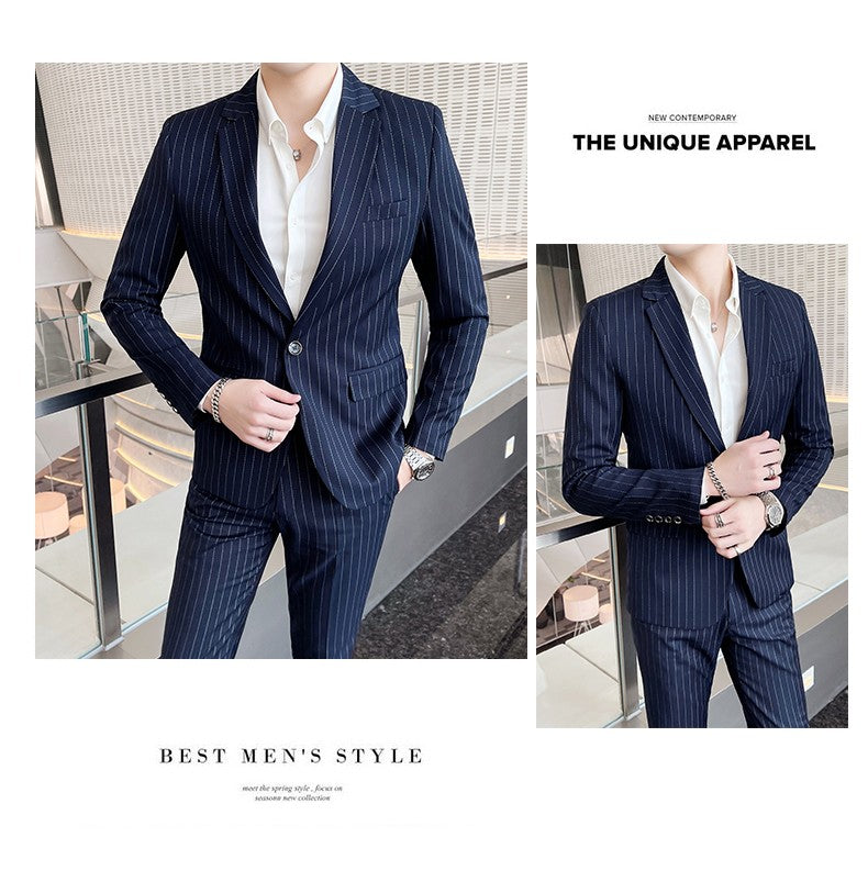 Men's Fashion High-Quality Slim Fit Two-Piece Suit Set Spring Autumn Stripes Business Casual Trousers And Jacket Combo