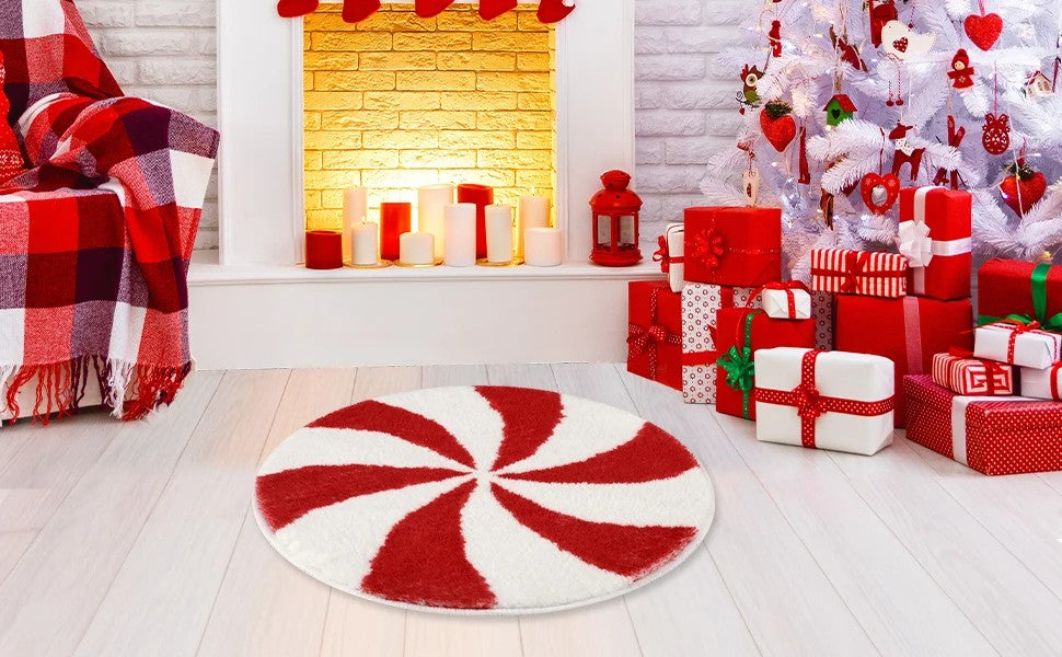 VIAMA Christmas Candy Round Floor Rug - Water-Resistant Anti-Slip Bathroom Mat - Soft Bedroom Carpet - Winter Home Decoration