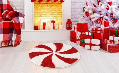 VIAMA Christmas Candy Round Floor Rug - Water-Resistant Anti-Slip Bathroom Mat - Soft Bedroom Carpet - Winter Home Decoration