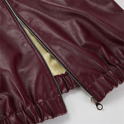 Jaqueta Feminina de Couro Sintético Vermelho Vinho Vintage, Casaco Moderno com Zíper e Lapela, Casacos de Outono Inverno, Blusas Curtas Femininas Estilo Streetwear