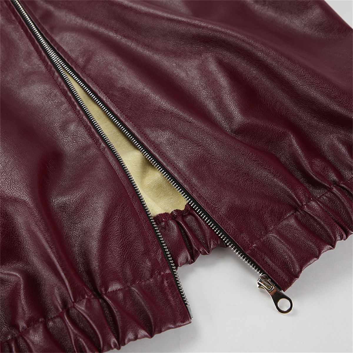 Jaqueta Feminina de Couro Sintético Vermelho Vinho Vintage, Casaco Moderno com Zíper e Lapela, Casacos de Outono Inverno, Blusas Curtas Femininas Estilo Streetwear