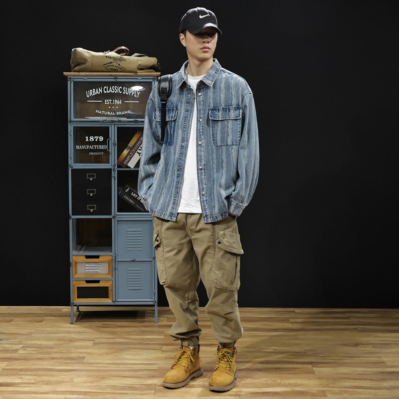 2025 Spring and autumn new fashion men retro denim cargo shirt casual simple shirt blouse