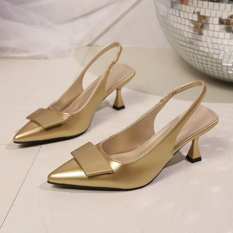 Women's Sandals Covering Toe High Heels Summer Pointed Toe Back Hollow Elegant Silver Color Ladies Shoes Rubber Sole