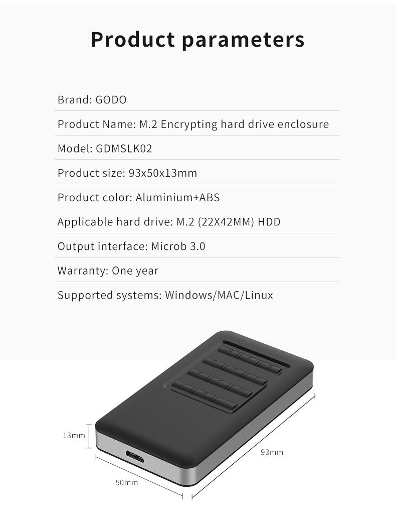 GODO M.2 MSATA Criptografia de hardware USB3.0 Criptografia de disco completo Instalação sem ferramentas com senha Caixa de disco rígido móvel 2,5" Sata