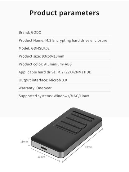 GODO M.2 MSATA Criptografia de hardware USB3.0 Criptografia de disco completo Instalação sem ferramentas com senha Caixa de disco rígido móvel 2,5" Sata