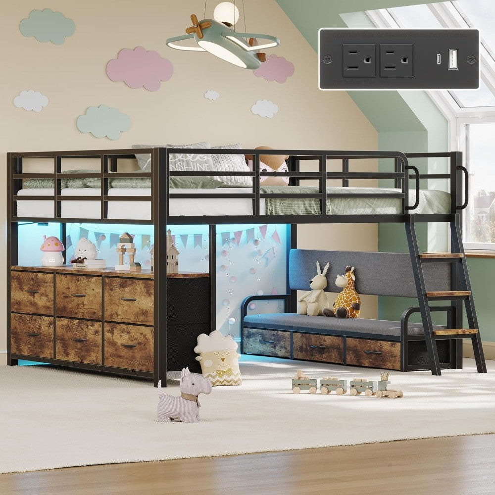 Low Loft Bed Full Size, Full Size Loft Bed for Kids with 9 Storage Drawers & 15.8 H Safety Guardrail & Inclined Ladder & Safety