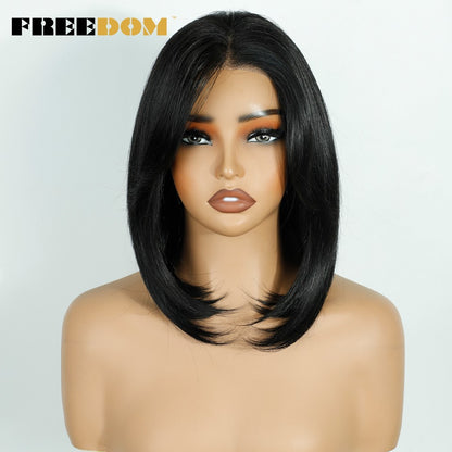FREEDOM Perucas Sintéticas Front Lace para Mulheres 13x4 Pré-arrancadas Prontas Para Usar Peruca Curta Bob Com Franja Pré-cortada Ombre Blonde Lace Wigs