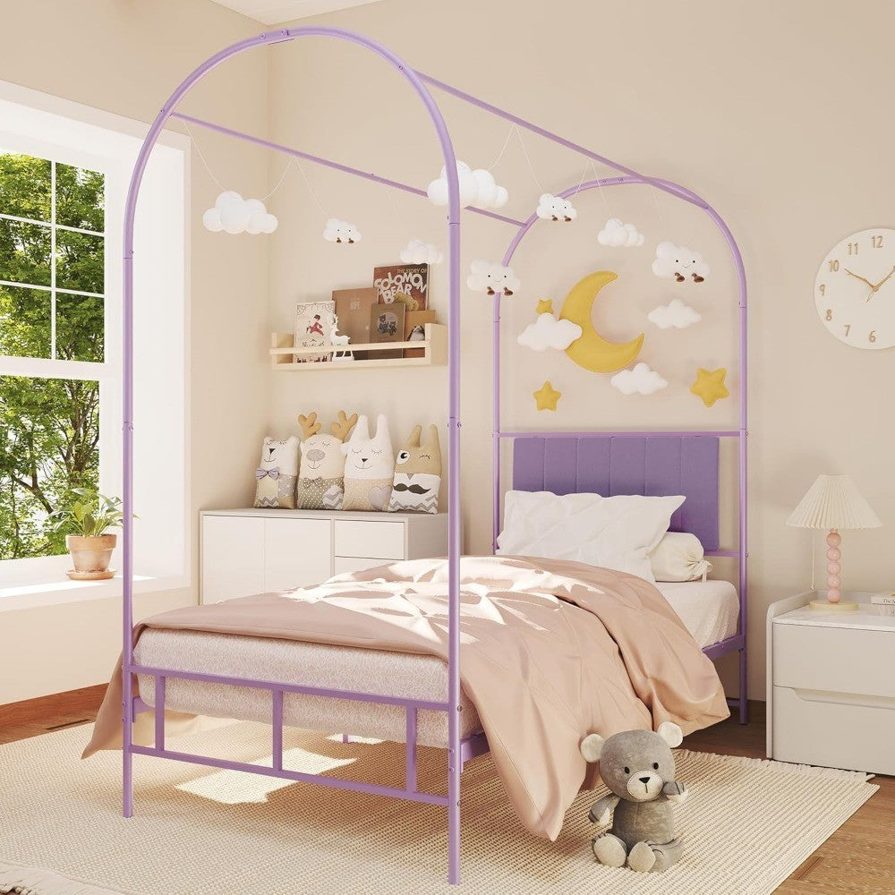 GAOMON Cama Infantil com Dossel, com Cabeceira e Peseira, Estruturas de Cama de Solteiro Estofadas com Hastes Arqueadas para Mosquiteiro, Metal Resistente