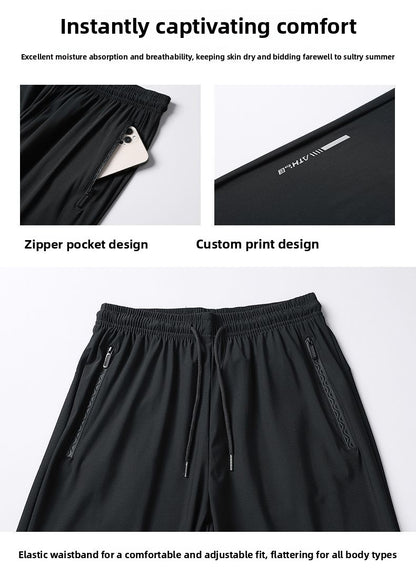 Calça Casual de Seda Gelo para o Verão Fina Solta de Secagem Rápida Elástica Respirável Calça Esportiva Calça Jogger Camisa de Academia Masculina de Futebol Rápido Masculina
