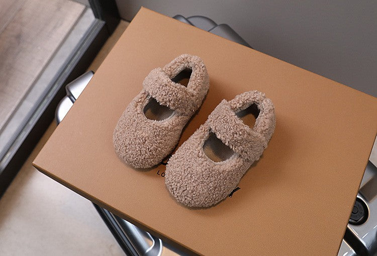 Children Fur Shoes 2024 Winter Kids Warm Plush Shoes For Girl Flat Loafers Moccasins Girls Casual Shoes Khaki, Beige