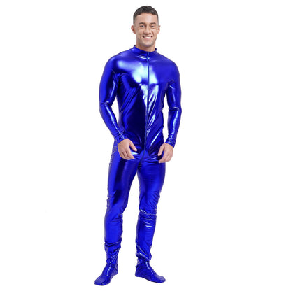 Men's Shiny Metallic Zentai Dress-up Jumpsuit Cosplay Costume Performance Stage Disco Clubwear Full Body Unitard Tights Leotard