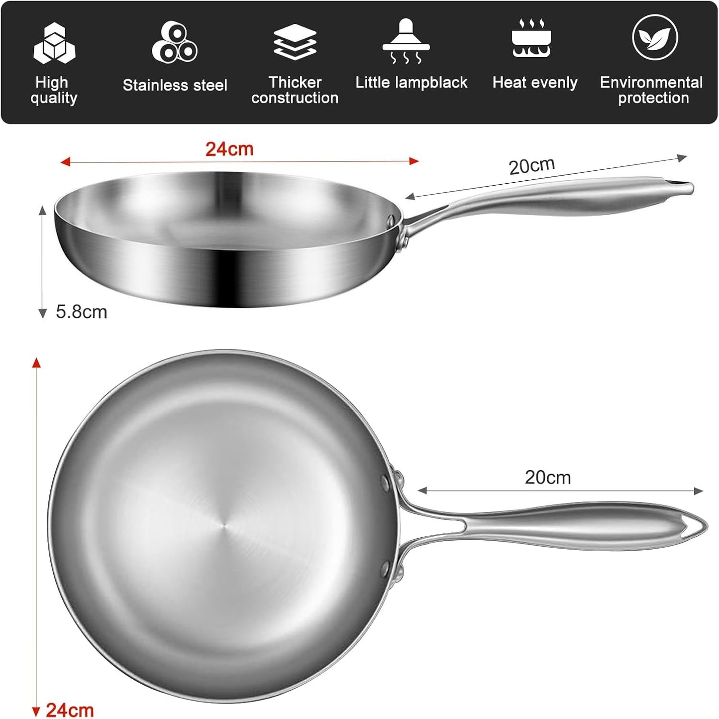 Frying Pan 304 Stainless Steel Non-Stick Steak Pan 22/24/26/28cm Skillet Wok Kitchen Cookware for Gas and Induction Hobs