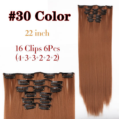 22 Polegadas Sintético Cabelo Liso Longo 16 Clipes 6 Peças/Conjunto Apliques de Cabelo Loiro Preto Resistente ao Calor Para Mulheres
