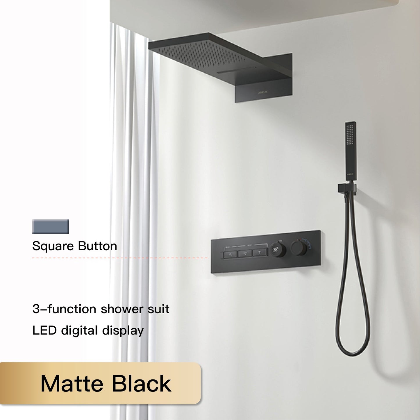 Luxury  black brass shower system wall-mounted LED digital display design Cold & hot dual-control 4-function ceiling shower Tap