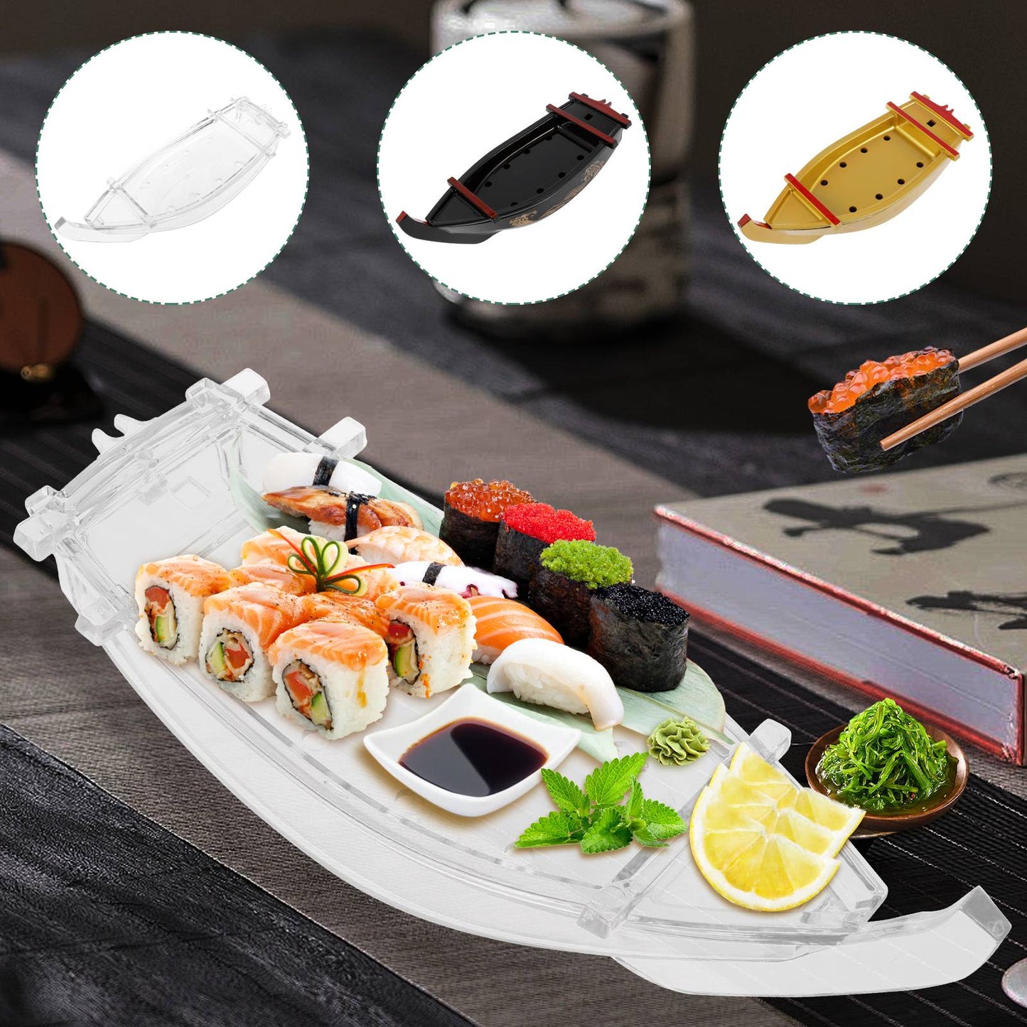 Sushi Serving Tray Reusable Plastic Sushi Boat Serving Plate Japanese Style Detachable Sushi Serving Platter for Home Kitchen