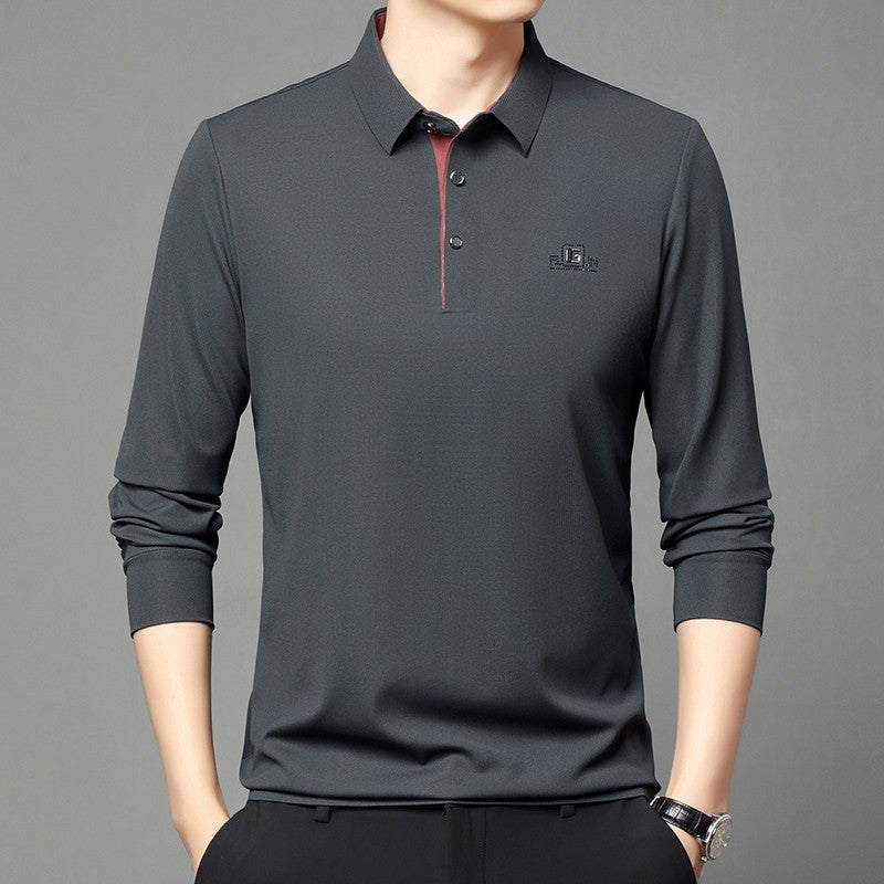 New Men's Business Casual Long Sleeved Shirt with Badge Solid Color Polo Shirt Fashionable Breathable Comfortable Versatile Top