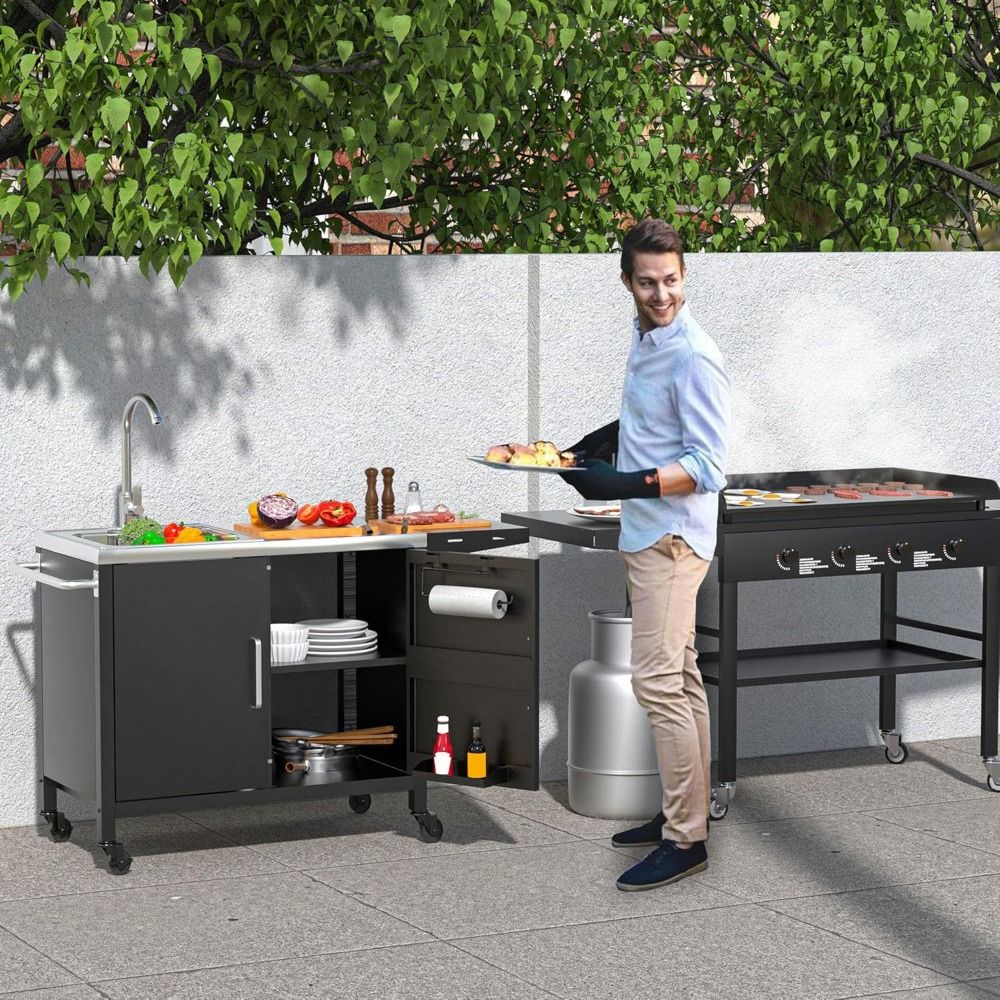 Mesa para churrasqueira externa com pia, carrinho de metal para churrasqueira, ilha de cozinha externa com pia de aço inoxidável, L145*A55cm