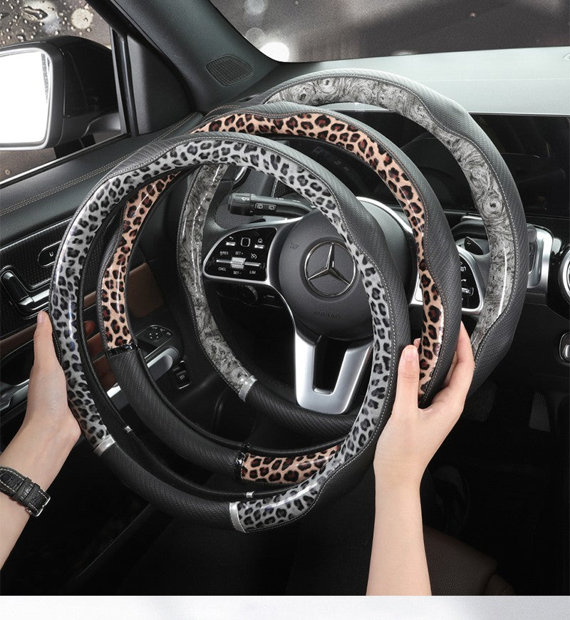 Capa de Volante de Couro Antiderrapante para Carro Capa Protetora Universal com Estampa de Leopardo Estilo Moda 38cm Formato O D