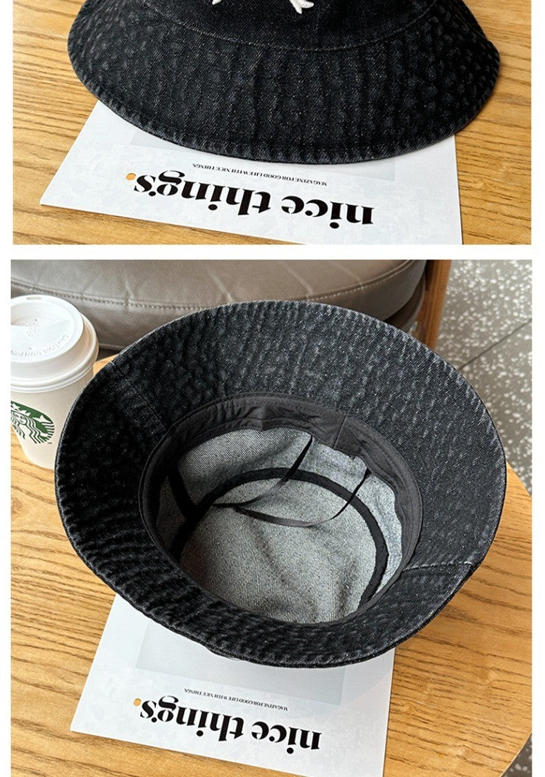 A Fisherman's Hat Three-Dimensional Embroidery Bow Travel Shopping Washed Denim Basin Hat