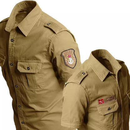 Summer Cotton Tactical Cargo Shirt Mens Multi Pocket Badge Embroidered Combats Tops Casual Breathable Tooling Chemise Homme