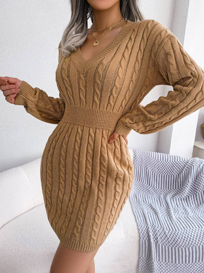 VigoCasey 2025 V Neck Casual Short Knit Dress Autumn Winter Women Solid Long Sleeve Dress Lady Khaki Bodycon Knitted Dresses