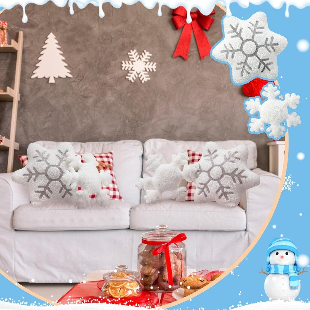 Set of 4 Christmas Snowflake Throw Pillows - White Sherpa Stuffed Winter Decorative Cushions