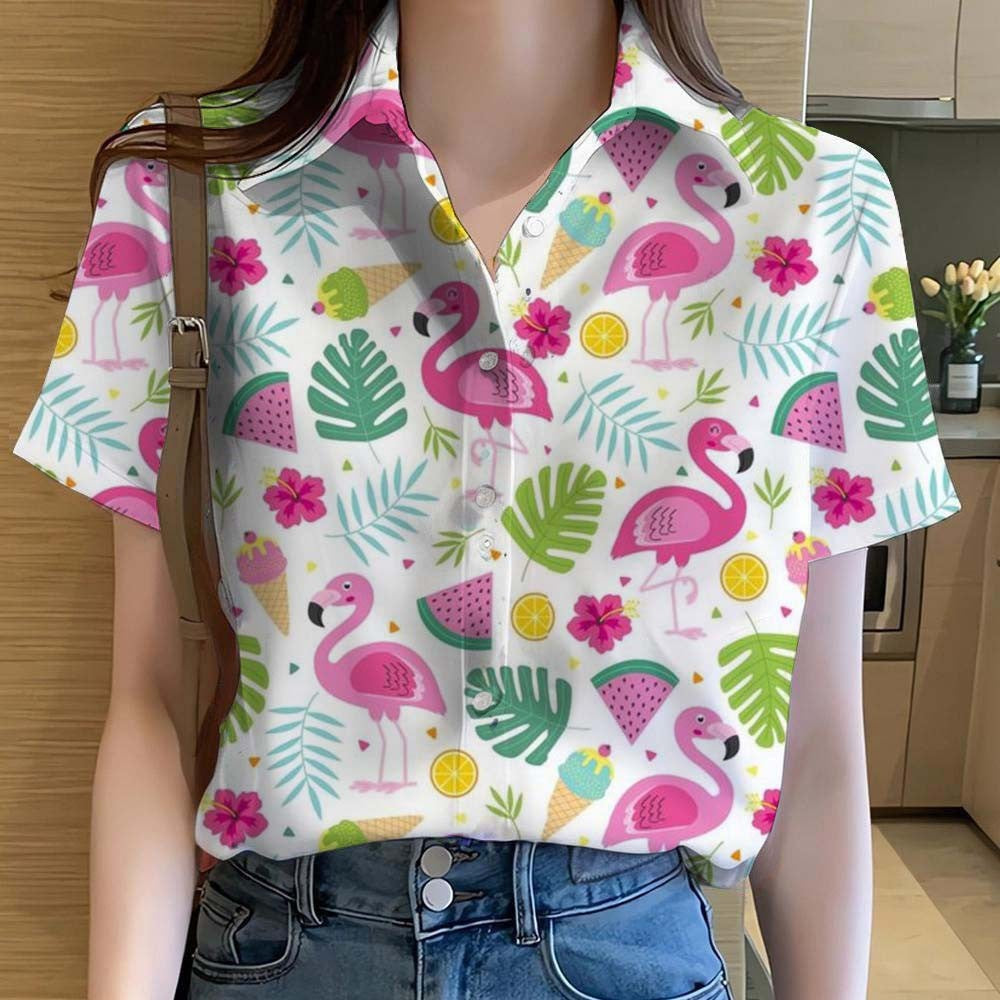 Womens Shirts  Cartoon Animal flamingo 3D Printed Casual Hawaiian Short Sleeve Button Beach Shirt Summer y2k Women's Clothes