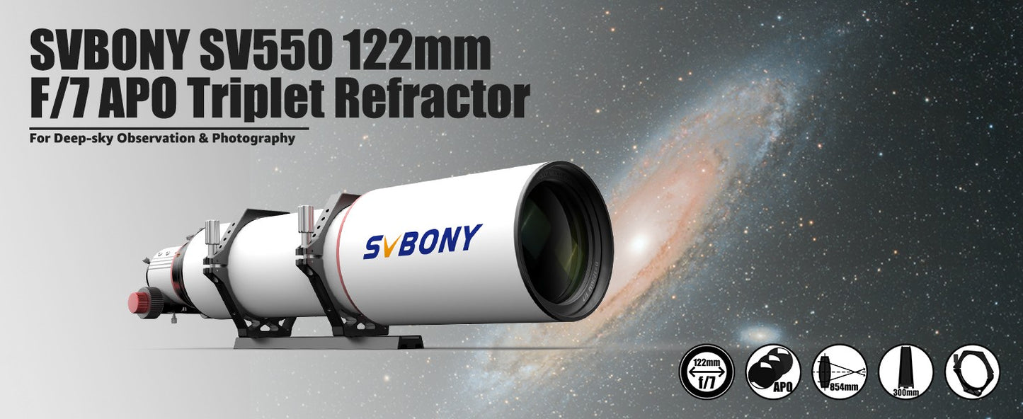 Svbony SV550 122mm Kits de Telescópio, F7 FPL51 Triplet APO com redutor de foco SV209, aquecedor de lente SV172, barra de alça SV211 203mm