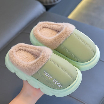 New Children's PU Leather Plush Slippers Soft Sole Non-slip Winter Warm Baby Boys Girls Indoor Home Cotton Shoes