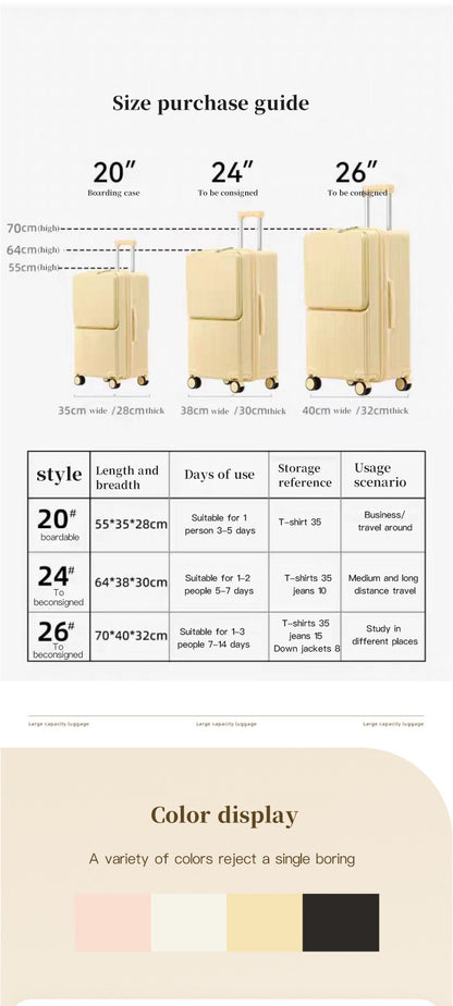 sushimu Suitcase Wide Handle Travel Suitcase Men 20 24 26 Carry-On Luggage Women PC Aluminum Frame Trolley Case